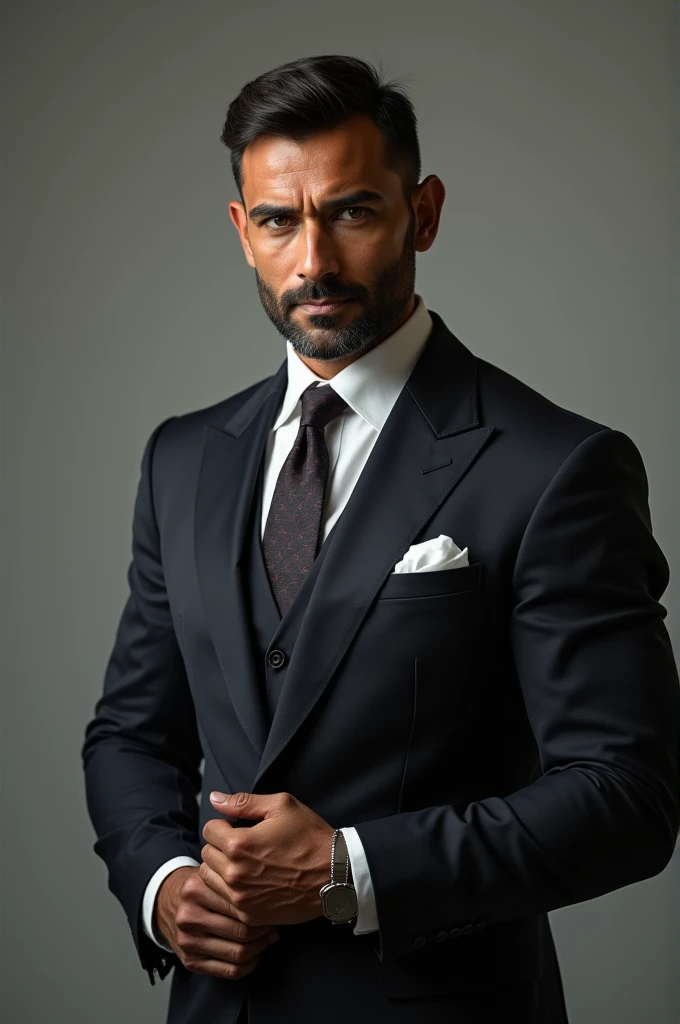 1 man, solo, tall, James bond, Indian, hunk, muscular, bulk, wide shoulder, photorealism, best quality, masterpiece, high resolution:1.2, high detailed suit, high detailed face, award winning,