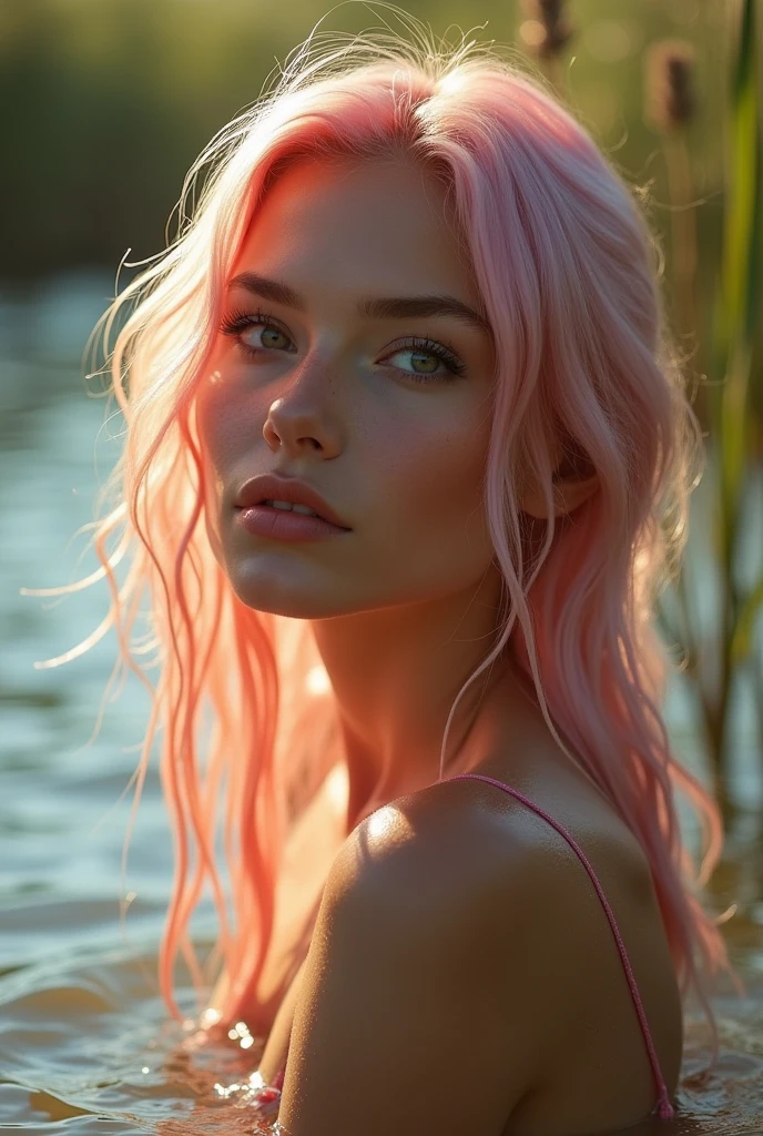 close up portrait of a cute woman, light pink hair, bathing in a river, reeds, (backlighting), realistic, masterpiece, highest quality, lens flare, shade, bloom, [[chromatic aberration]], by Jeremy Lipking, by Antonio J. Manzanedo, digital painting,