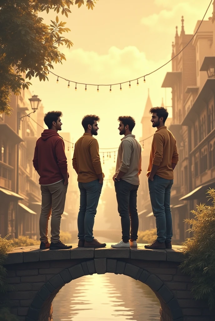 Creat an image of four friends 
1st one name is Hamza ,his height is 6.1
Other name is zeshan ,his height is about to 6.4 
Thrid one is Ahmad 6.0
Fourth is talha  height is 5.11

Standing on the bridge of the canal 

Without showing their faces

Talking to each other

Make image vintage in brown 

Shwoing their back side

