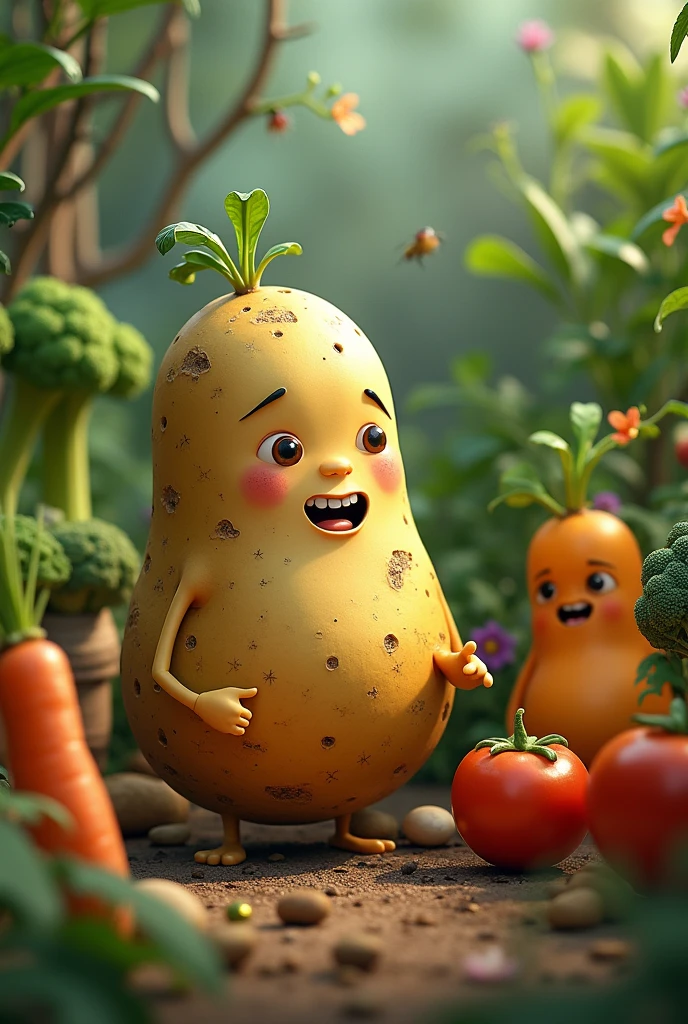 Generate a.image for a.book about a potato talking to other vegetables to see who will be at the birth next to it