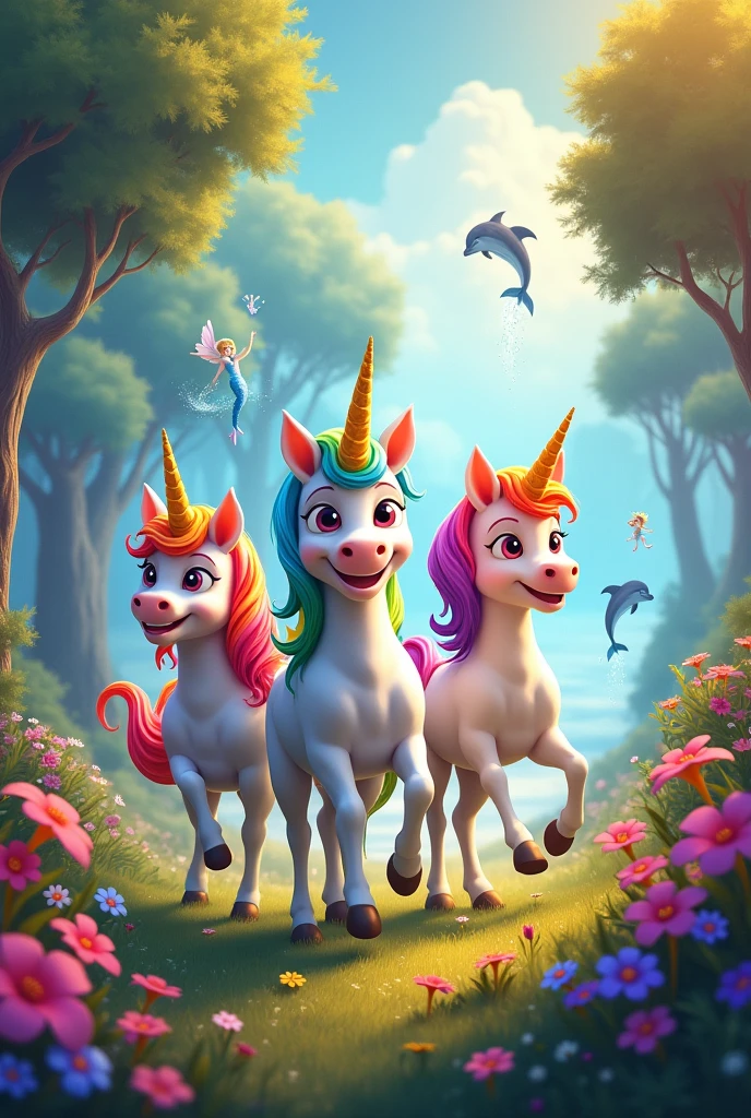 Three happy unicorns with rainbow hair in a brightly lit enchanted forest with flowers and fairies and dolphins and mermaids