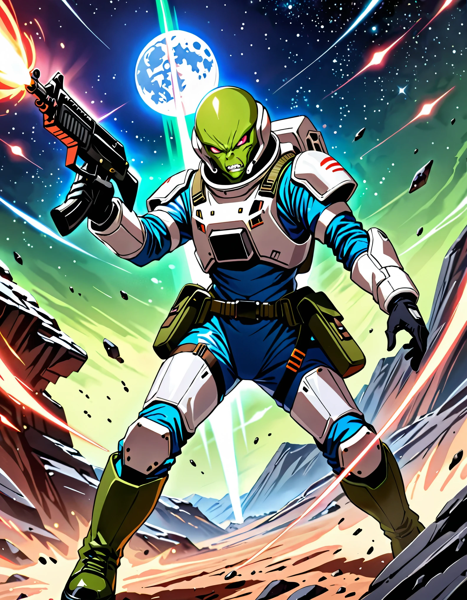 (masterpiece), (best quality), (hires), 1male, male focus, alien, extraterrestrial, (human face, angry, clenched teeth) ((green-skinned male)), solo, solo focus, An alien man in a dark blue military officer suit, spacesuit, helmet, holding a blaster rifle, ak-47, pouches, black combat boots, silver space armor, desolate moon background, warlike atmosphere, signaling to charge, dark red eyes, cowboy shot, black gloves, matching boots.