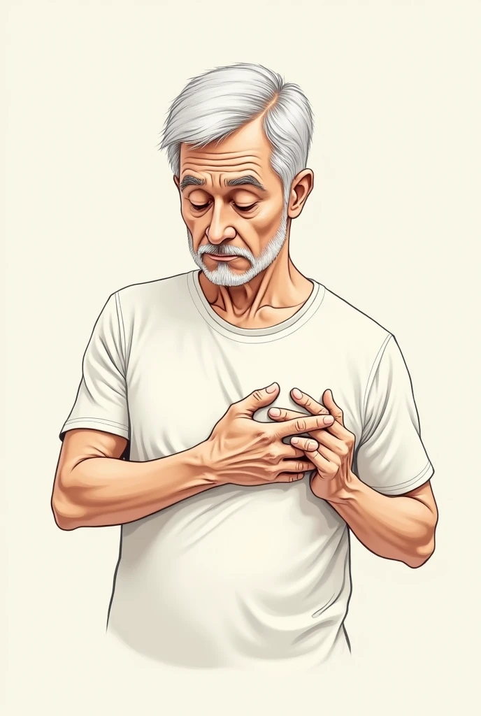 a man,in t-shirt,examining his one breast(with hands),illustration