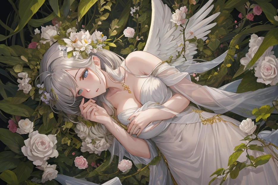 An angel woman hugging her  full body life size in mystical forest flowers everywhere, perfect clarity, photorealistic, beautiful quality, 8k resolution