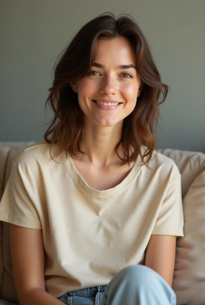 A 35-year-old American woman wearing beige cotton t-shirt sitting on a sofa