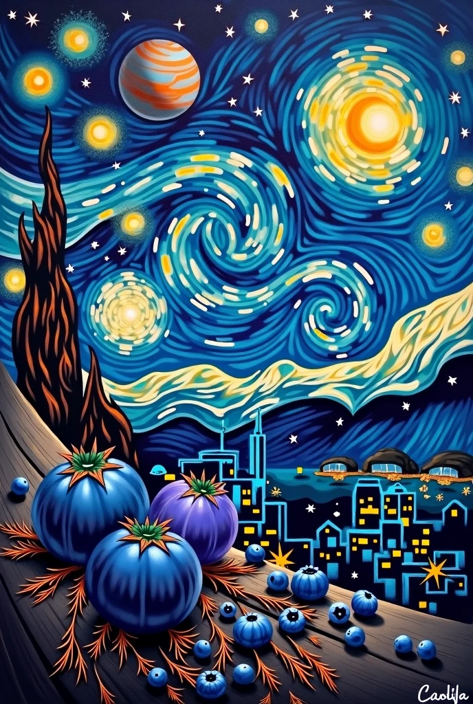 painterly masterpiece, cosmic elegance, vibrant blueberries amidst galaxies, copper accents and detailing, woodgrain and marble textures melding with silk and velvet, celestial light filtering through cosmic dust and copper reflections, Vincent van Gogh's swirling starry skies, luminous planets and copper-infused stars, deep space intrigue with interstellar copper glow, enhanced shadow depth