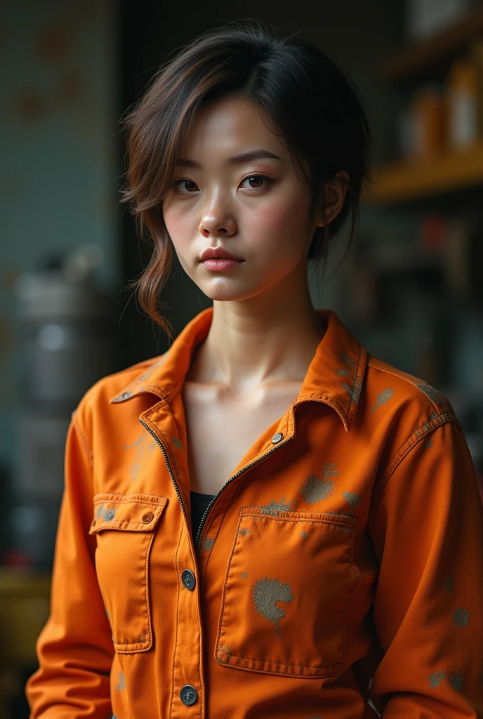 (photorealism:1.2), a female mechanic, in a tight orange jumpsuit, dirty, standing streight, frontal view, portrait, short hair, no facial expression, high detail, 4K,