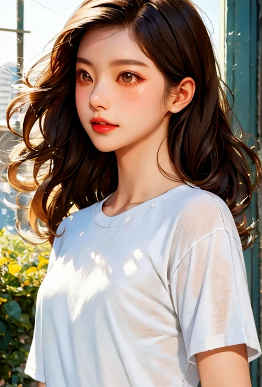 Asian, beautiful, slim, cute, 30s, beautiful Face, beautiful Skin, actress, mature, upper body, light brown hair, good hair, Real picture, masterpiece, best quality, Highly Detailed CG Unity 8k Wallpaper, ultra high definition, Casual fashion, light, Summer fashion, (Natural brunette: 0.8), (puffy eyes), look at the audience, turn around, bleach hair, model pose, sensitive skin type, light curly hair, white t shirt, hair model photo
