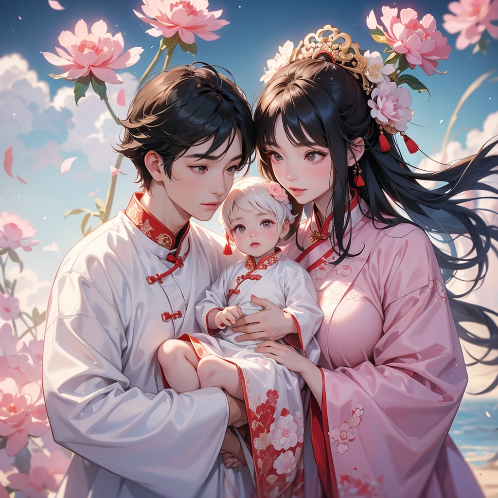 A one-year-old baby boy in an white ancient Chinese baby costume with his beautiful mother, dressed in an ancient Chinese costume, Standing in the middle of pink carnations, There are some floating clouds, playing with each other, with his handsome father standing next to his mother, close up.