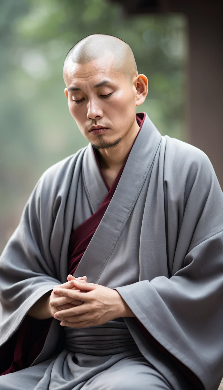 a soft and compassionate Chinese monk, looking downside sadly, natural day light background, learning from the master sincerely