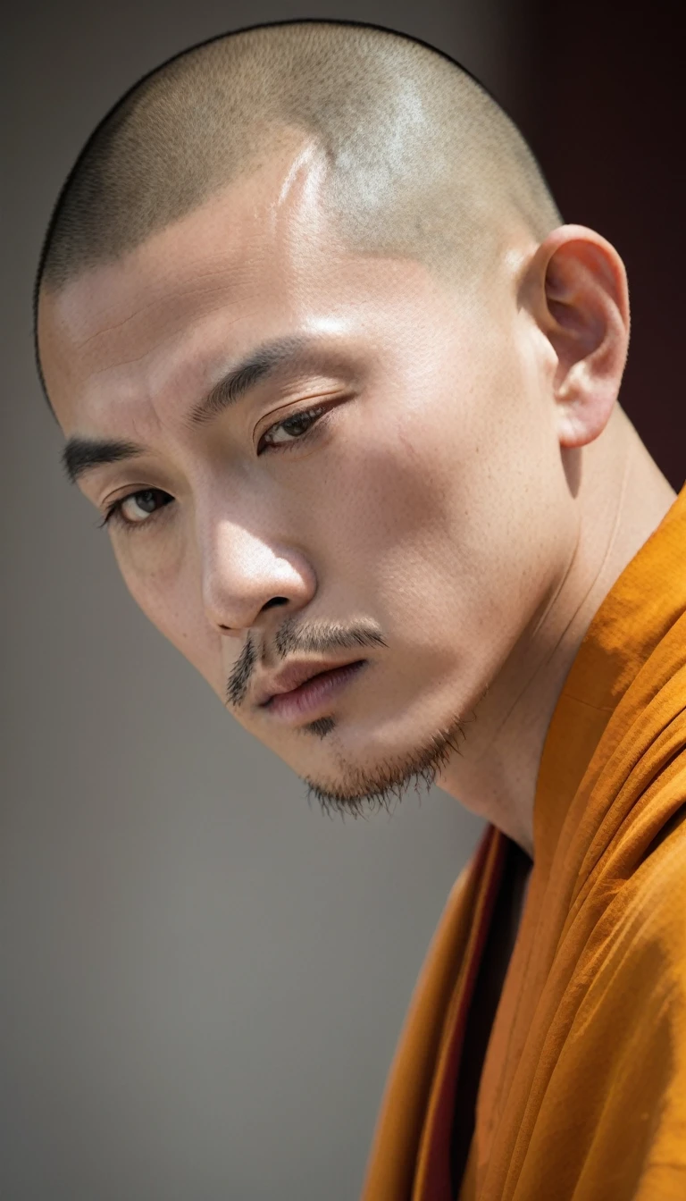 a soft and compassionate Chinese monk, looking downside sadly, natural day light background, learning from the master sincerely