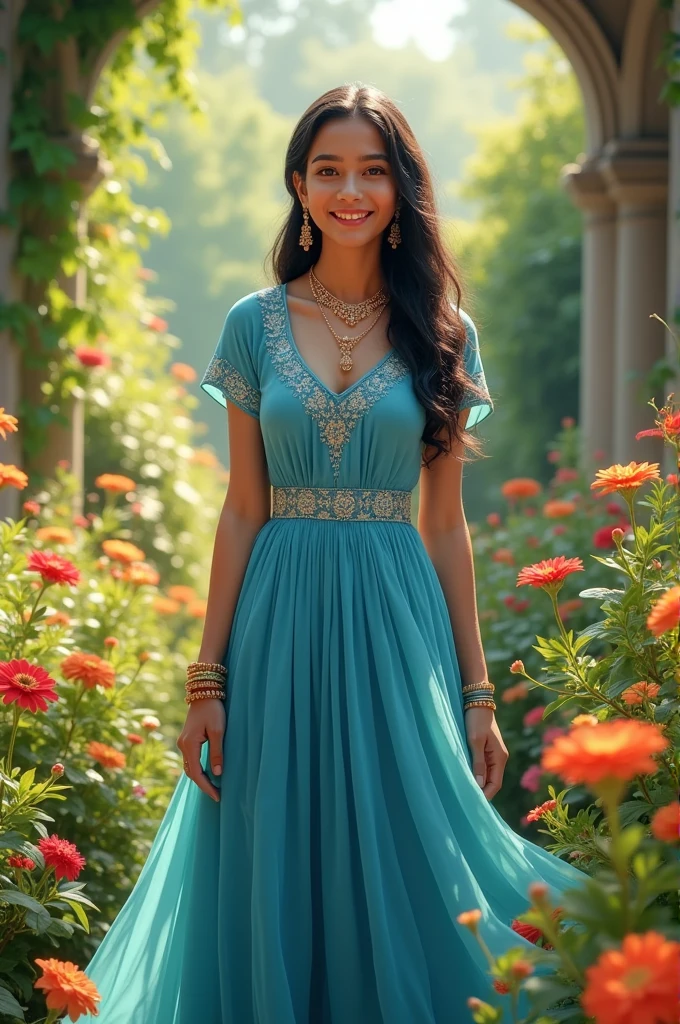 A girl standing ina garden wearing Indian traditional dresss blue colour smiling....