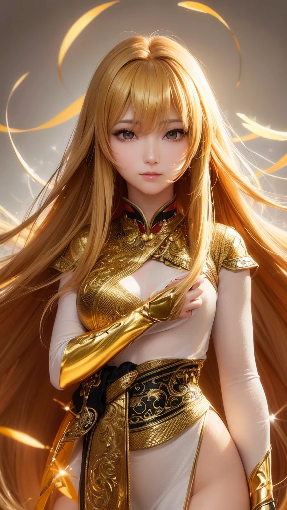 super realistic, super detailed, ultra HD graphics. high resolution. beautiful Korean girl with long hair, golden yellow. golden eyes emitting light.. face sparkling like diamonds. colorful. radiant.. enchanting. HD wallpaper.cosplay