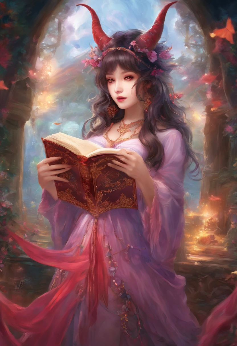 best quality,masterpiece,Ultra-high resolution,photoactual:4:0,Demon Palace Academy Park,Albedo,long hair shawl,Devil's Horn,Big breasts,shirt clothes,mini skirt,holding book