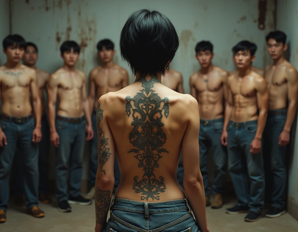 A very strong slim Korean woman back view, naked back, gangster tattoos on her back, short hair, sitting in front of adult boys wearing pants, boys scared of her