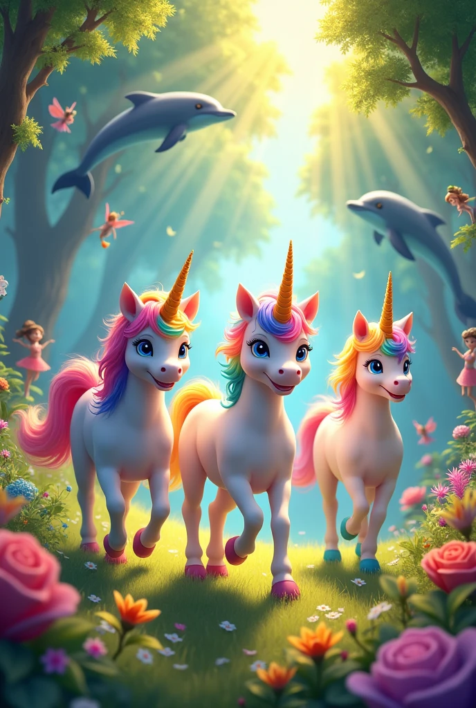 Three happy unicorns with rainbow hair in a brightly lit enchanted forest with flowers and fairies and dolphins and mermaids