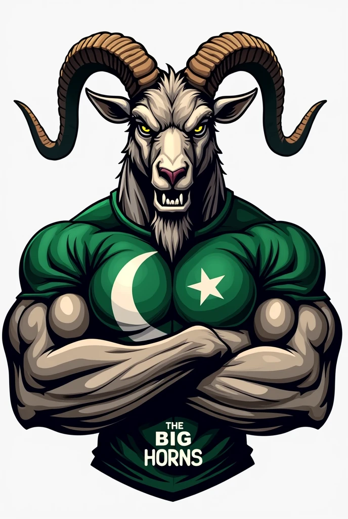 Design a logo of a muscular goat wearing a Pakistan flag shirt, long horns and an angry face and with the name “The Big Horns” below the logo