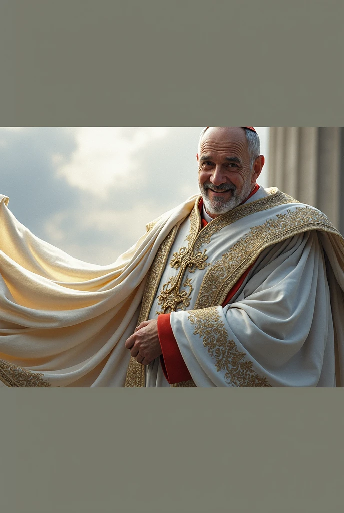 wearing pope robe , (smile), 1 man, pepic (photo, studio lighting, hard light, sony a7, 50 mm, matte skin, pores, colors, hyperdetailed, hyperrealistic)
