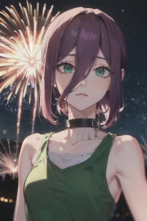 (Highest quality)、(Highest quality)、cut、Chainsaw Man、cute、(choker).eyes are emerald、Her hair is purple、Short Bob、Beautiful night view、star、whole body、firework、Painful Thoughts、Reze、