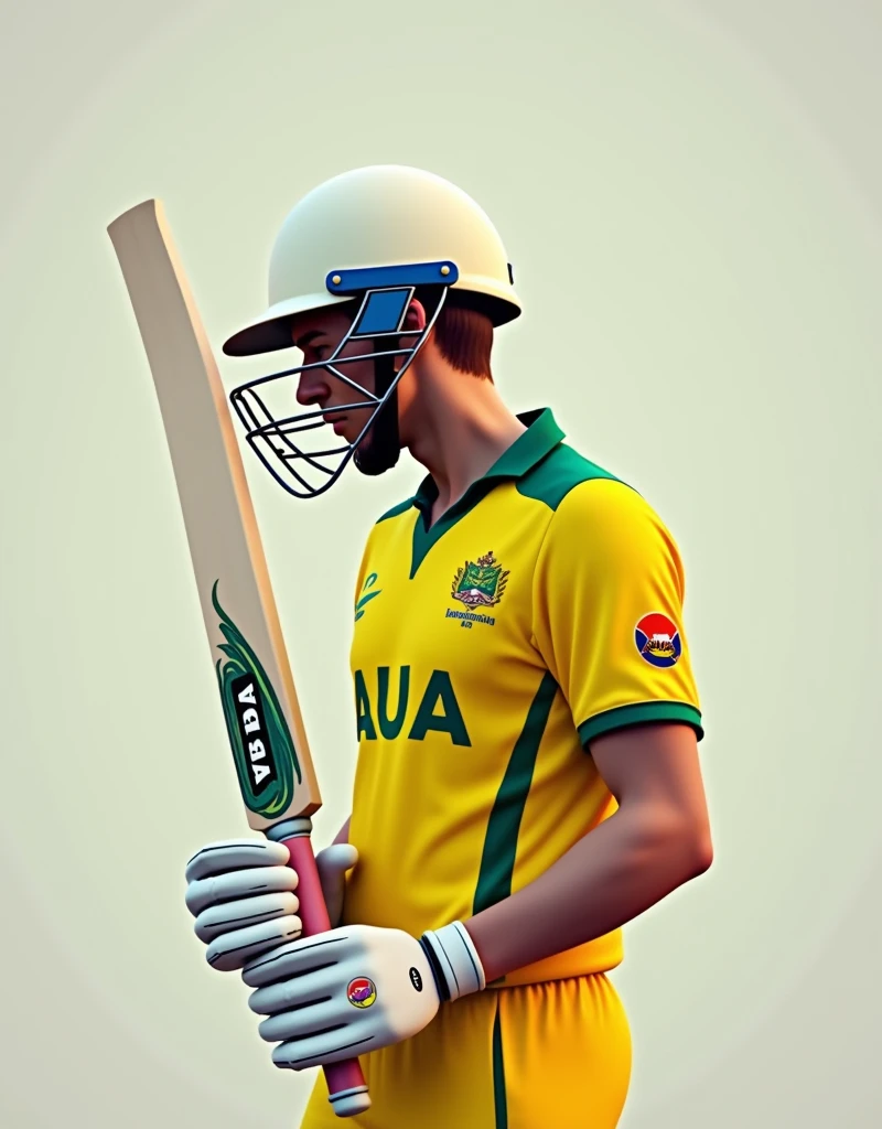 Give me a yellow jersey with AUS written on it. Wearing white sneakers. The cricket player is wearing a helmet and is leaning over with his hands holding the cricket bat 20 cm above his knees.,Showing the side profile of a cricket player,顶光drop shadow, anaglyph, stereogram, tachi-e, ass pov, atmospheric perspective, 8k, super detail, best quality
