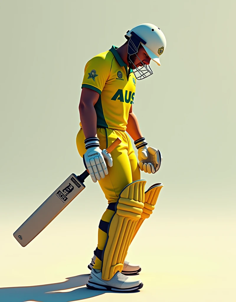Give me a yellow jersey with AUS written on it. Wearing white sneakers. The cricket player is wearing a helmet and is leaning over with his hands holding the cricket bat 20 cm above his knees.,Showing the side profile of a cricket player,顶光drop shadow, anaglyph, stereogram, tachi-e, ass pov, atmospheric perspective, 8k, super detail, best quality