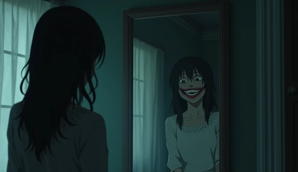 horor, Anime Style, dark atmosphere, Intricate details, Structure of the film, Dramatic Shadows, Mysterious, Creepy, Otherworldly, A calming color palette, chiaroscuro lighting, Ultra-detailed, masterpiece, highest quality, 8k, Realistic, The mouth reflected in the mirror, A creepy smile, Deformed face, dim,