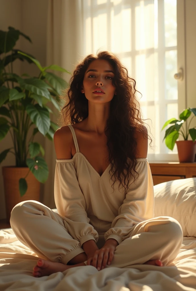 (photorealism:1.2), beautiful woman, sitting on bed, wearing loose off-shoulder top, pajama pants, long curly hair, indoors, soft lighting, plants in background, window with sunlight, cozy room, relaxed pose, realistic, intricate details, warm colors, by Greg Rutkowski, by Alphonse Mucha