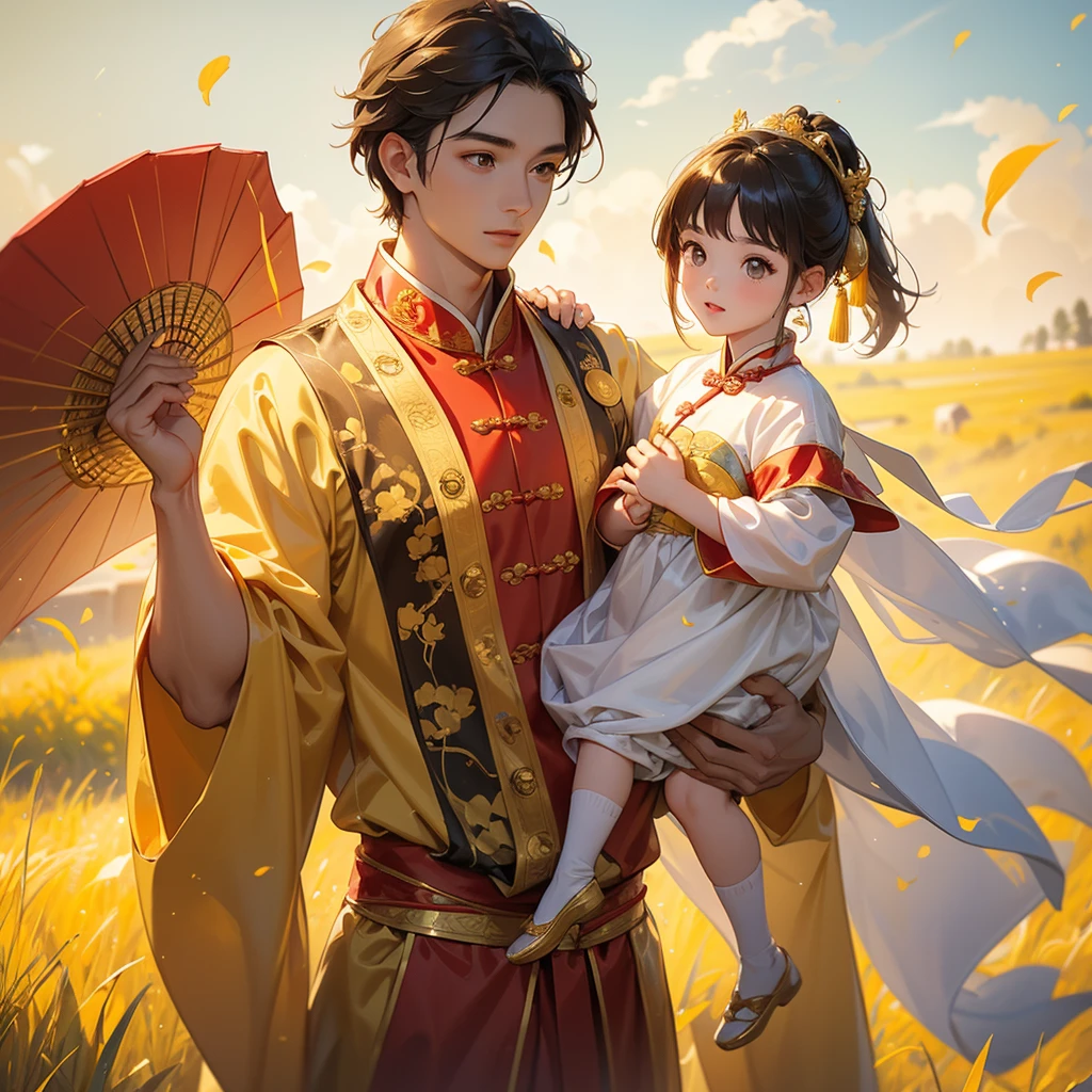 A one-year-old baby boy in an ancient Chinese baby costume with his beautiful mother, dressed in an ancient Chinese costume, Standing in the midst of a field of bright yellow gold fields , There are some floating clouds, playing with each other, with his handsome father standing next to his mother, close up.