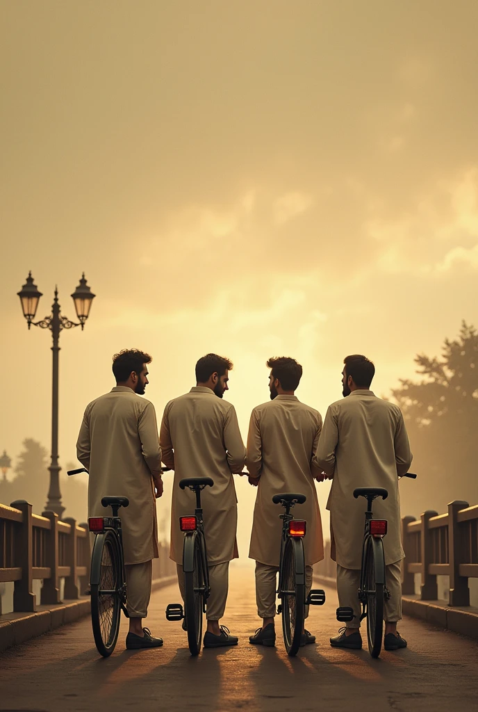 Creat an image of four friends 
1st one name is Hamza ,his height is 6.1
Other name is zeshan ,his height is about to 6.4 
Thrid one is Ahmad 6.0
Fourth is talha  height is 5.11

Standing on the bridge of the canal 

Without showing their faces

Talking to each other

Make image vintage in brown 

Shwoing their back side

The weather was cloudy 

And the two of them are in shalwar kameez and they are with their cycles

