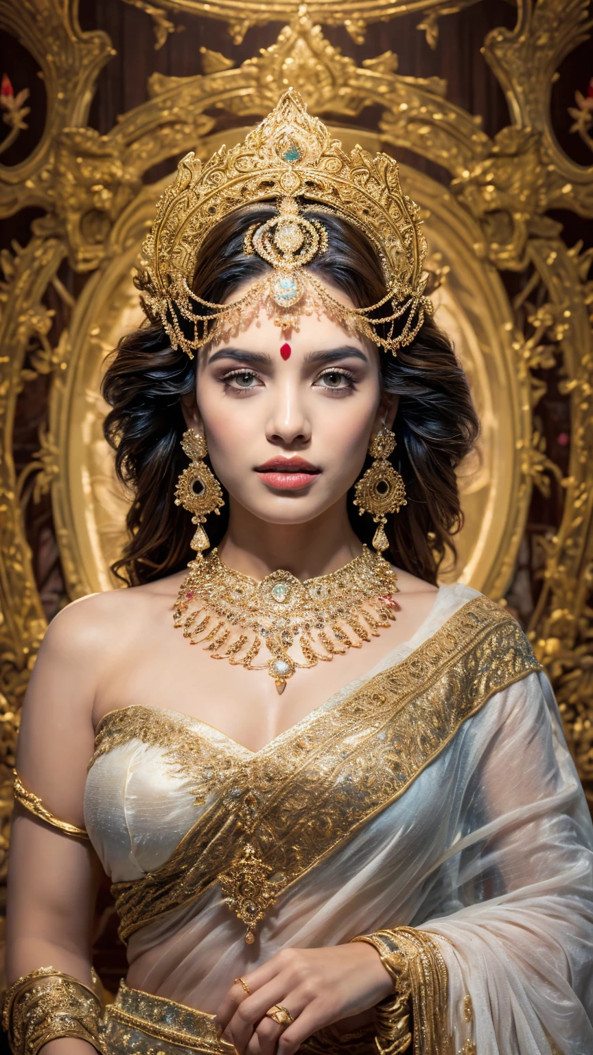 ((Best quality, 8k, Masterpiece :1.3)), Sharp focus :1.2, Generate a realistic image of a beautiful sexy Indian woman plus size body: 8.5 dressed in a white Kasava saree, adorned with traditional ornaments, standing in a well-lit room with cinematic lighting. ((Front view, random elegant pose)), and there is a sense of grace and elegance in her posture. The background should complement the scene, enhancing the overall aesthetic appeal of the image. Photography by Brandon Woelfel, Full shot: Canon EF 16-35mm f/2.8L III USM lens on a Canon EOS 9D Mark IV camera, ultra realistic, 64k, HD