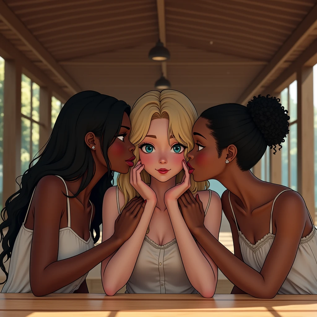 All 3 young and beautiful 18-year-old girls are present in the shot, girls are crouching, the viewer is also under the big round banquet table, the shot is being taken under the table, behind the table skirt, the table has no visible legs, the table is very wide, 
let table:(center of the banquet table, the table skirt is see through only to observer, everyone else is oblivious about viewer, girl1, girl2 and girl3 are under a large round banquet table at a wedding. the main characters are under the table, there is a close wooden ceiling over girl1 girl2 girl3's heads)
let girl1:(in center, white skinned, blond, Sleek straight Middle Part hair, behind the ears hair, blue eyes, conservative dress, aroused, moist and parted lips from her first kiss, virgin), girl1 is aroused by girl2 and girl3,
let girl2 and girl3:(oily skin, black skinned, identical twins, fat, taller than girl1, different hairstyles), girl2 and girl3 look at each other knowingly about the sexual adventure they will take their new girlfriend girl1, girl2 and girl3 are holding girl1 by the exposed neck, girl2 and girl3 to kiss girl1, 
realistic artstyle, casual pose, realistic style, erotic lesbian fanart, realism artstyle, hyperrealistic teen, high quality fanart, background artwork, calmly conversing 8k, realistic art style, relaxed poses, detailed realistic expressions, photorealistic picture, (one young looking Caucasian girl 1:2 two older looking african girls), the table above them is wood,