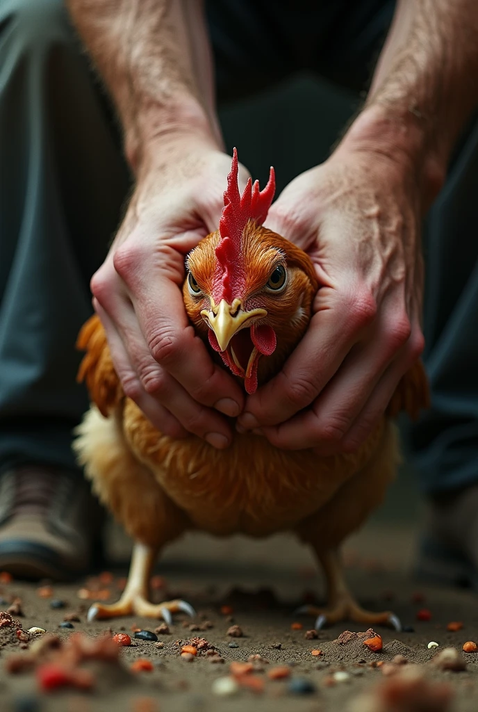 A man's hand is holding a chicken's neck so tightly that the chicken's soul is about to come out. The pressure is almost killing the chicken.