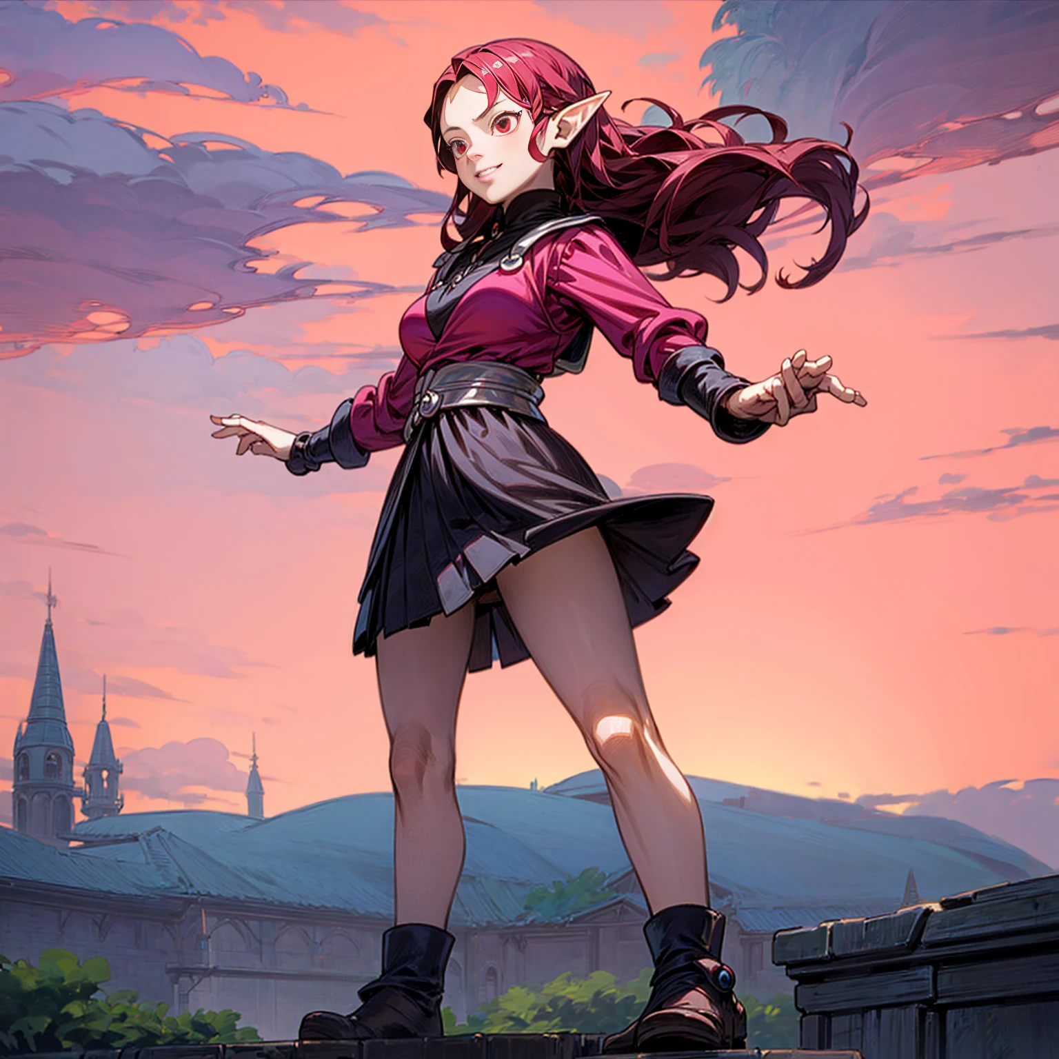 Solo character, full body version, ??? girl, (elf), red eyes, red color hair, long hair, pink shirt clothing, brown skirt, shoes, outdoor, village, medieval, standing gesture, detailed background, detailed clothing, detailed hair, (black clover style art, Doraemon style art), smile mouth, big breast, detailed finger
