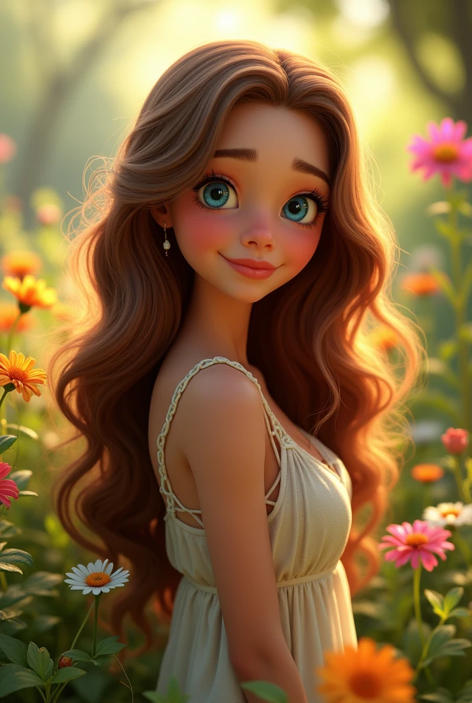 a beautiful girl, 1girl, long wavy brown hair, bright blue eyes, detailed facial features, soft skin, gentle smile, wearing a red dress, standing in a lush green garden with colorful flowers, sunlight shining through the trees, golden hour lighting, cinematic composition, photorealistic, hyper detailed, (best quality,4k,8k,highres,masterpiece:1.2),ultra-detailed,(realistic,photorealistic,photo-realistic:1.37),professional photography,warm color palette,natural lighting, sally from cars movie