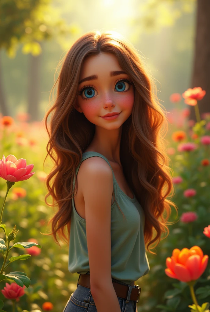 a beautiful girl, 1girl, long wavy brown hair, bright blue eyes, detailed facial features, soft skin, gentle smile, wearing a red dress, standing in a lush green garden with colorful flowers, sunlight shining through the trees, golden hour lighting, cinematic composition, photorealistic, hyper detailed, (best quality,4k,8k,highres,masterpiece:1.2),ultra-detailed,(realistic,photorealistic,photo-realistic:1.37),professional photography,warm color palette,natural lighting, sally from cars movie