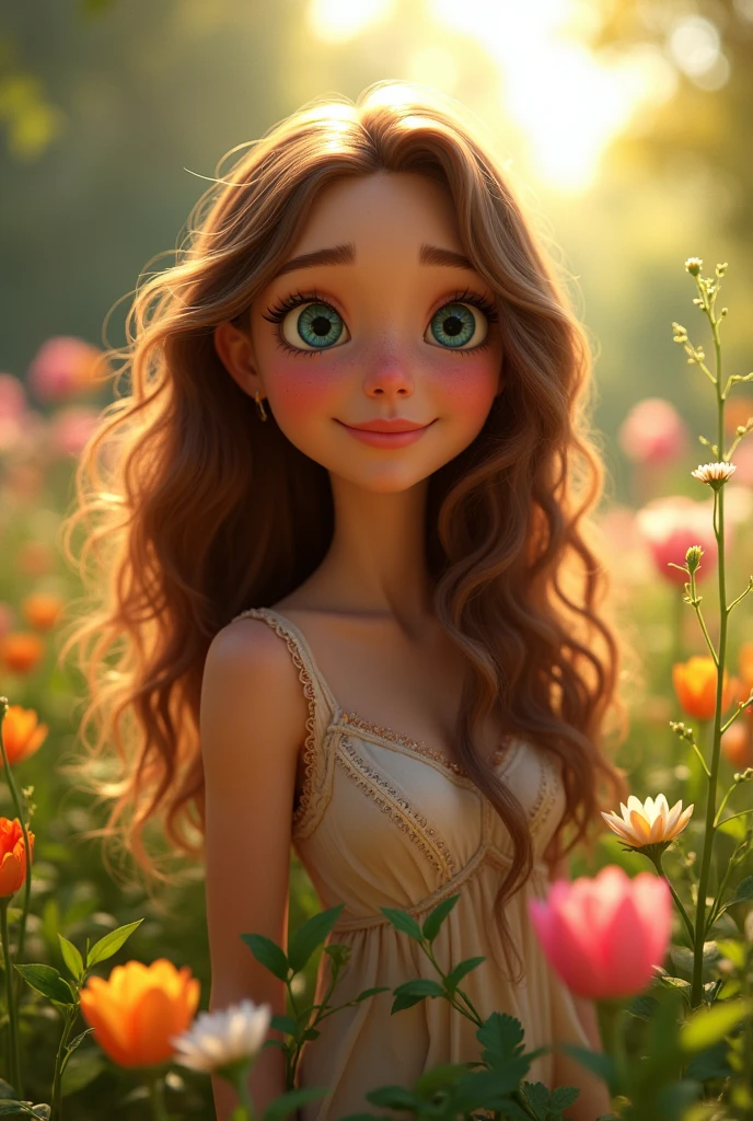 a beautiful girl, 1girl, long wavy brown hair, bright blue eyes, detailed facial features, soft skin, gentle smile, wearing a red dress, standing in a lush green garden with colorful flowers, sunlight shining through the trees, golden hour lighting, cinematic composition, photorealistic, hyper detailed, (best quality,4k,8k,highres,masterpiece:1.2),ultra-detailed,(realistic,photorealistic,photo-realistic:1.37),professional photography,warm color palette,natural lighting, sally from cars movie