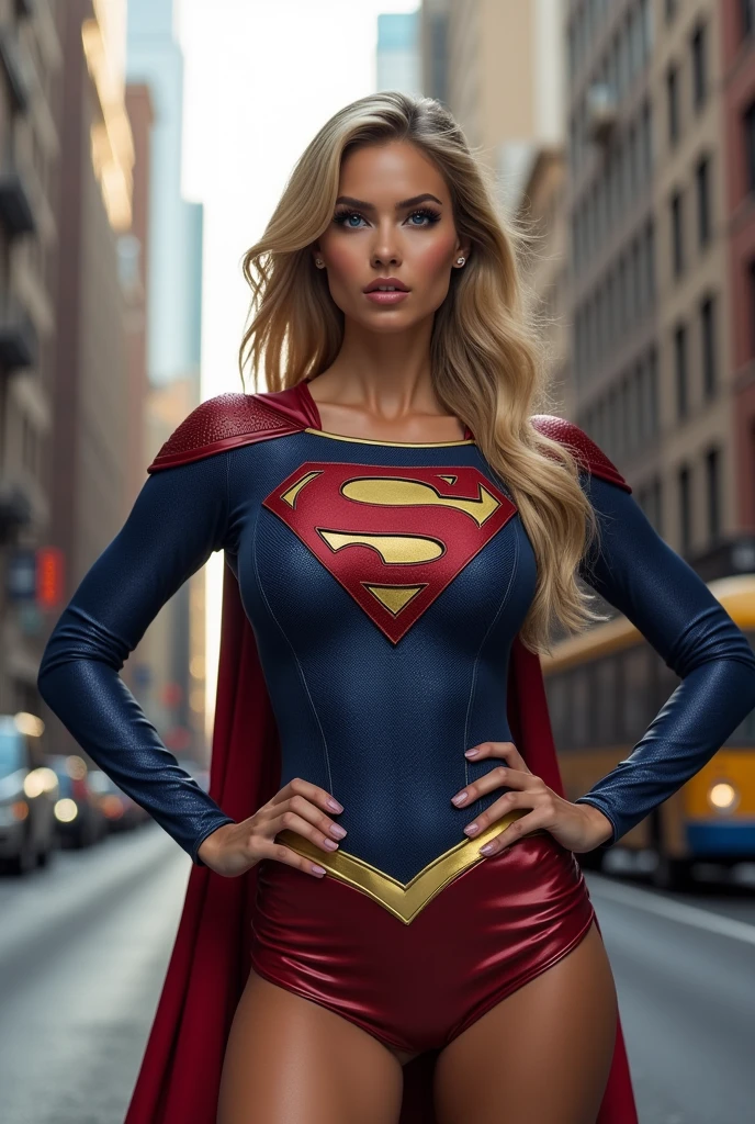 ultra realistic, photography, long straight blonde hair, (wavy elegant hair, blue eyes, perfect round lips, 30 years old, gorgeous face, voluptuous figure, perfect fit body, big enhanced breasts), Long eyelashes, ((best quality, 8 thousand, masterpiece:1.4)), Highly detailed face and skin textures, detailed eyes, she is wearing a tight and sexy Supergirl costume and standing in the Streets of Manhattan with her hands on her hips, full body picture, full body, wide angle