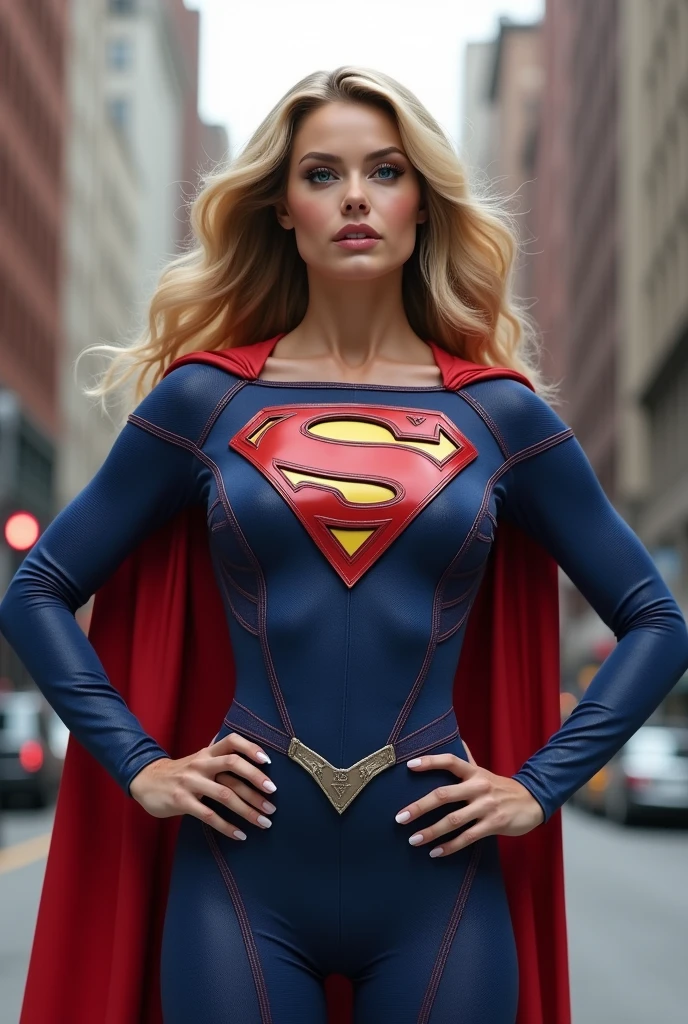 ultra realistic, photography, long straight blonde hair, (wavy elegant hair, blue eyes, perfect round lips, 30 years old, gorgeous face, voluptuous figure, perfect fit body, big enhanced breasts), Long eyelashes, ((best quality, 8 thousand, masterpiece:1.4)), Highly detailed face and skin textures, detailed eyes, she is wearing a tight and sexy Supergirl costume and standing in the Streets of Manhattan with her hands on her hips, full body picture, full body, wide angle