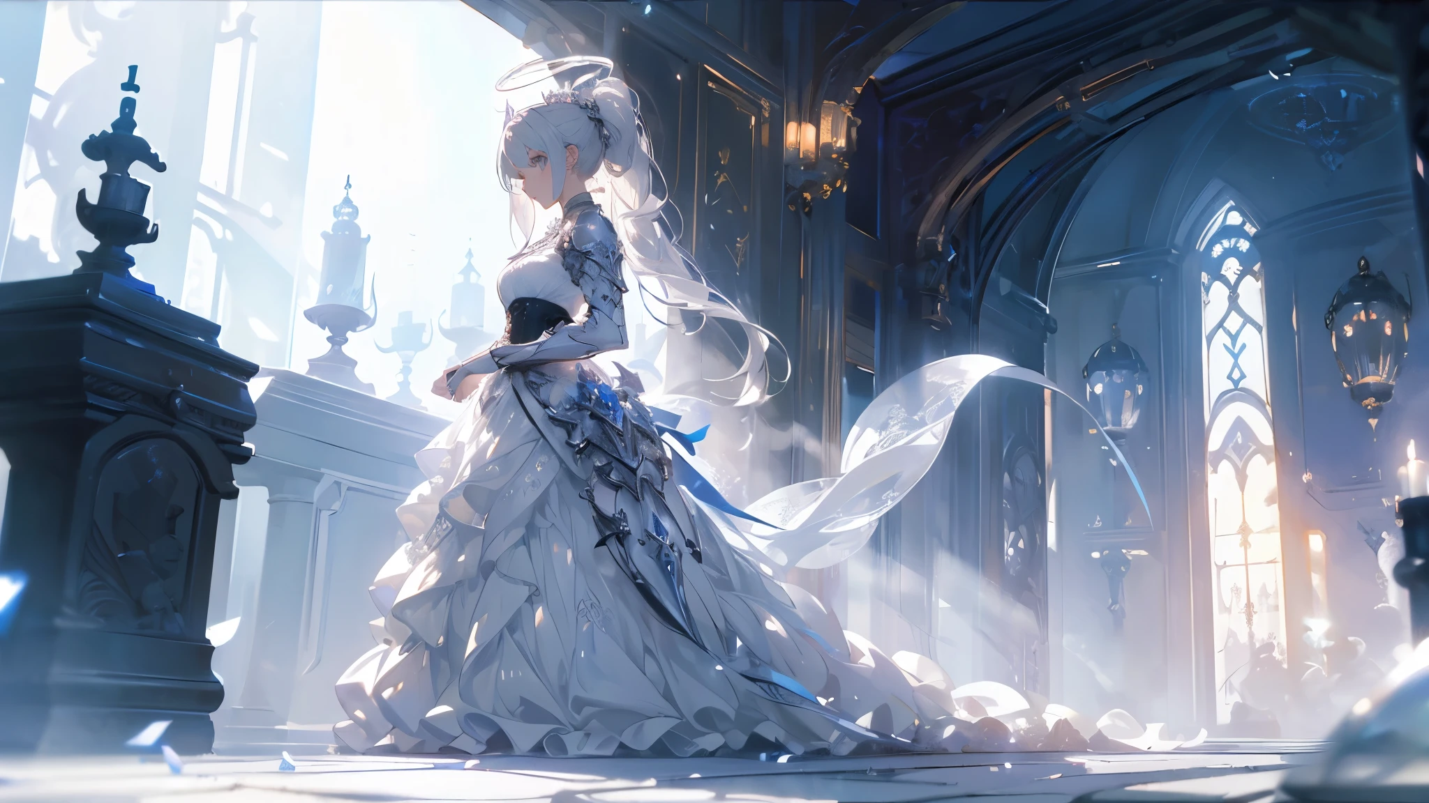 ((masterpiece, best quality)), Epic battlefield atmosphere,Delicate face,knight,Pure White Bride Armor,Halo,whole body,Standing picture,Perfect body proportions,Double ponytail hairstyle,Beautiful silver eyes,Fantasy style,White background,transparent,Lace