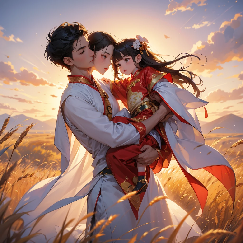 A -yead bab an ancient Chinese baby costume wiis beautiful mother, dressed in an ancient Chinese costume, Standing in the middle of a wheat field, There are some floating clouds, playing with each other, with his handsome father standing next to his mother, close up. Sunset.