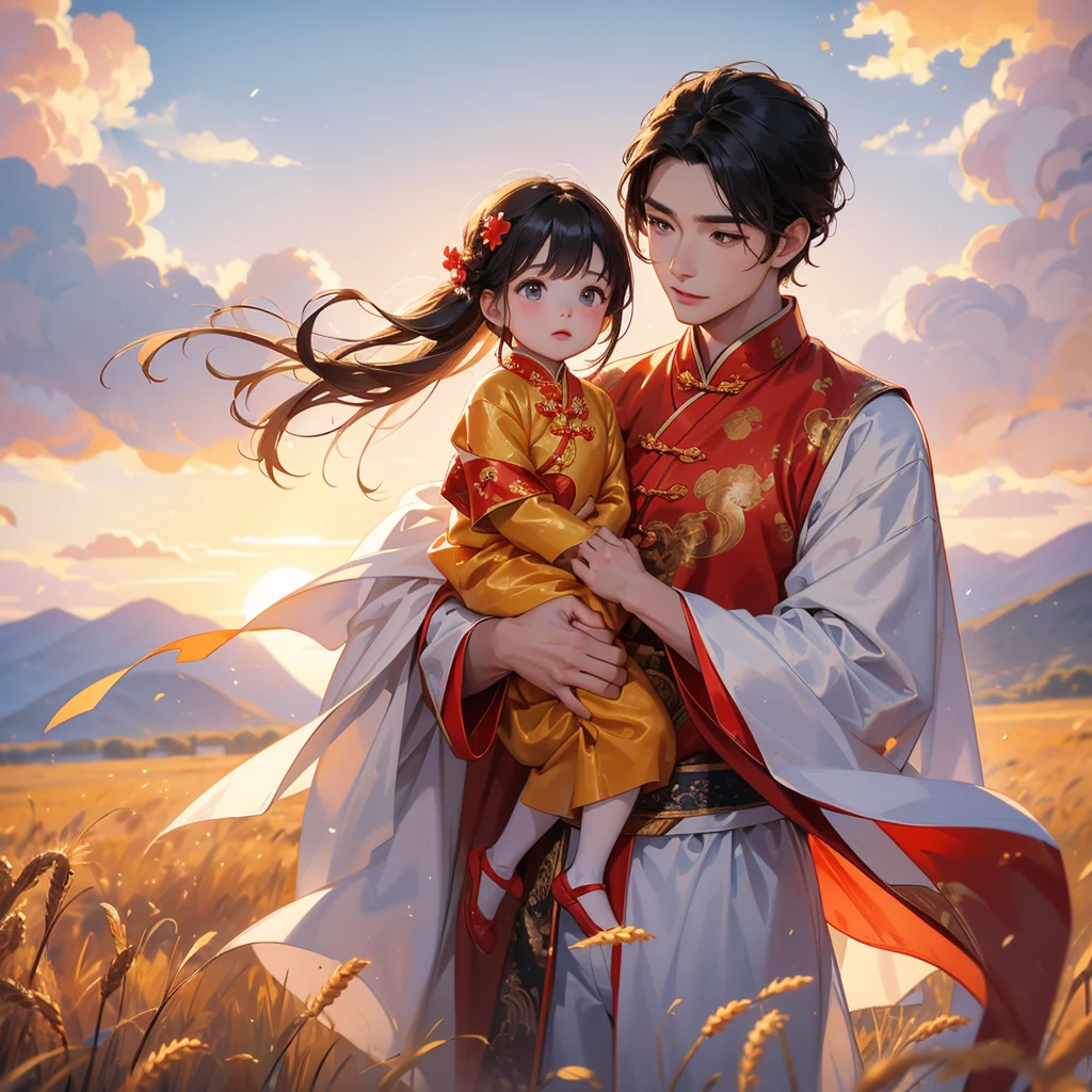 A one-year-old baby boy in an ancient Chinese baby costume with his beautiful mother, dressed in an ancient Chinese costume, Standing in the middle of a wheat field, There are some floating clouds, playing with each other, with his handsome father standing next to his mother, close up. Sunset.