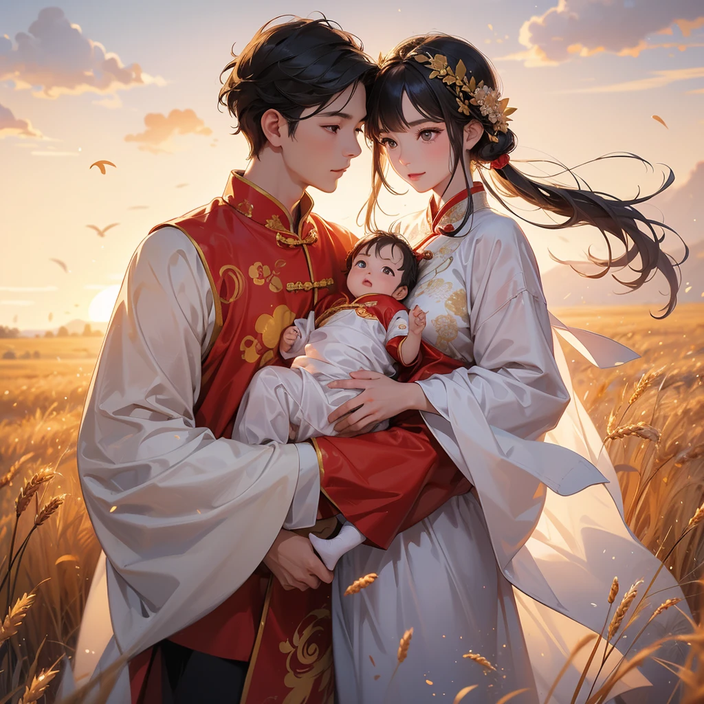 A one-year-old baby boy in an ancient Chinese baby costume with his beautiful mother, dressed in an ancient Chinese costume, Standing in the middle of a wheat field, There are some floating clouds, playing with each other, with his handsome father standing next to his mother, close up. Sunset.