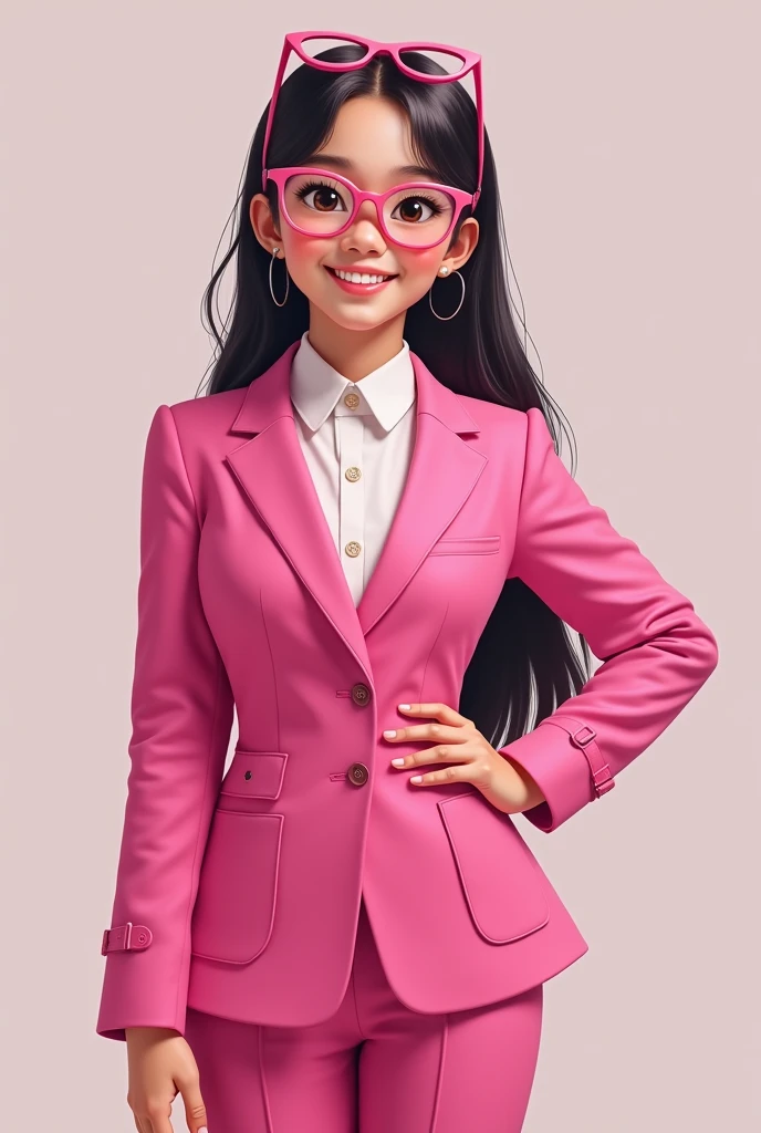 1:3 portrait. Hijab girl pink suit dress. Wear glasses google pink on top of her head. 15 year old. Indonesia Malaysia girl. Very strong punch. Heroin. Show t her strong arm. Strong pose. One hand on waist. Cute smile. Brown eyes. Big eyes. Detail . Gorgeous.