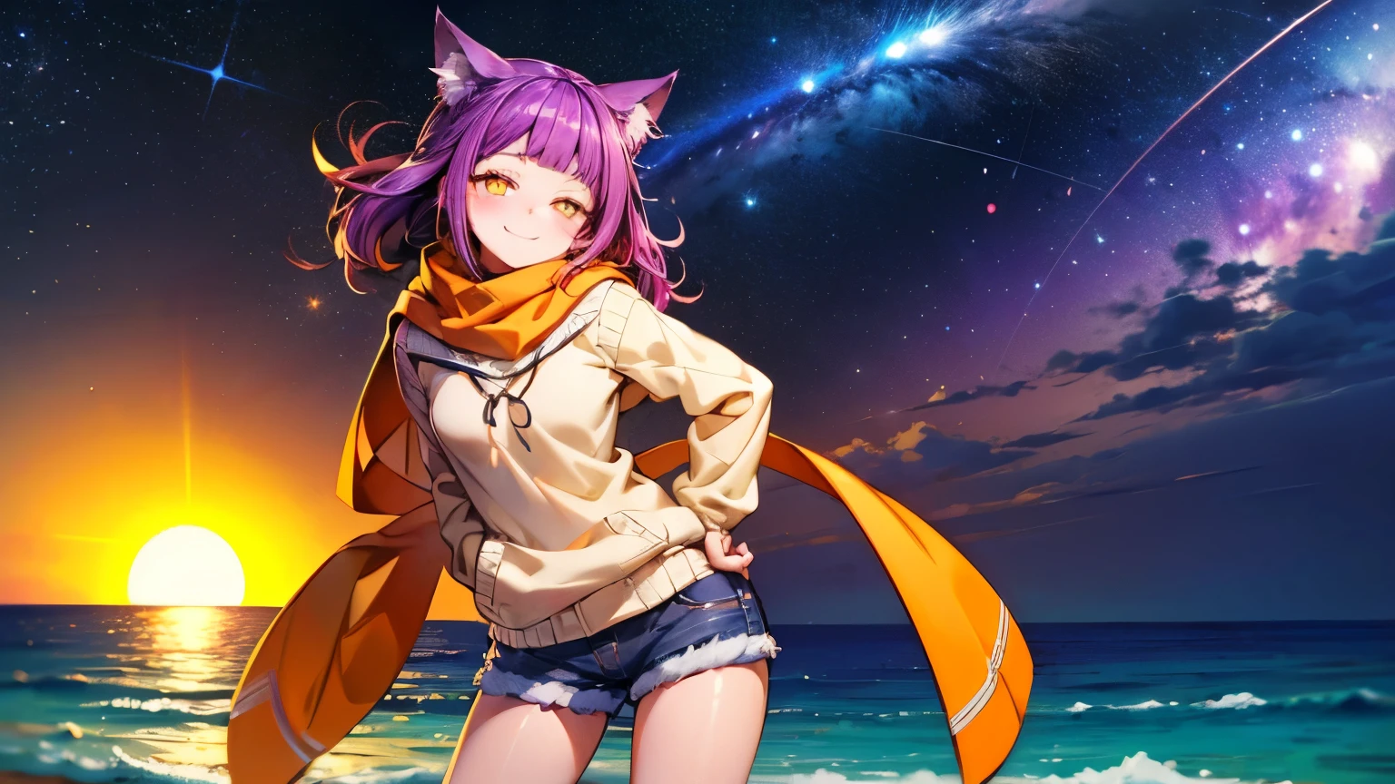 photorealistic, 1girl, saturated violet hair, orange fox ears (1.7), flat chest (1.7), puffed out her cheeks, saturated glowing bright orange eyes, cat-like pupils (2), sandy beach, denim shorts, sweater, narrow waist (2), happy eyes, cutely holds,flirts(1.6), orange scarf,hands behind back, sweet smile, beautiful starry sky, the sun is behind