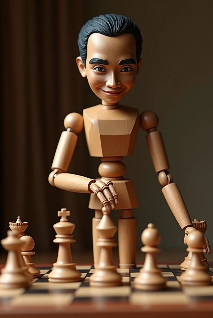 a wooden doll who is the president of Indonesia "Jokowi dodo" is playing chess lifting a chess piece and sly smile