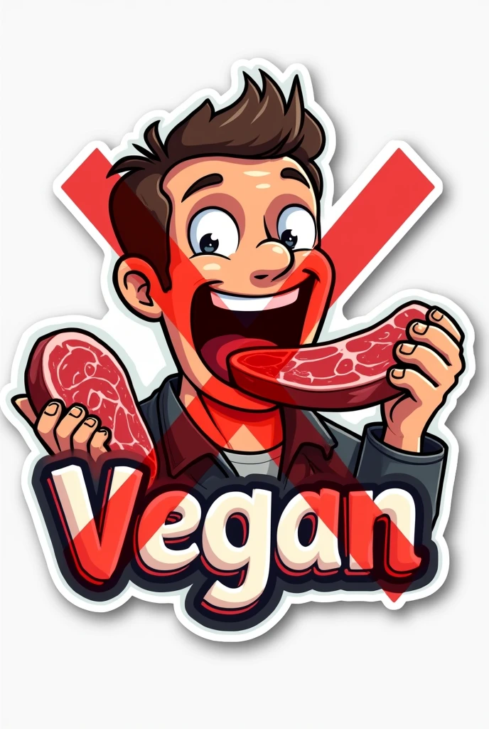 Sticker saying "NON-Vegan" with a red transparent X on top of the word vegan. Man enthusiastically eating meat behind the text. Cartoon style