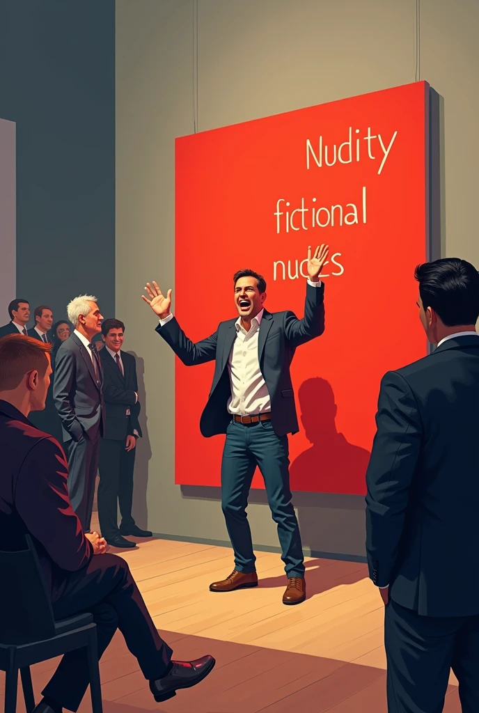 2d illustration where there is a art auction. A man is who sold a picture for million dollar price tag. price tag is hung to the picture art, the art that won the auction is blank red color with words written on it '' nudity fictional nudes''. the artist of the art is cheering while his hands up. there is a Man sad sitting at the end with his beautiful creative art holding it with a tag disqualified. No one is giving that man attention while crazyly looking at the winner Picture with it's artist on the stage collecting money.