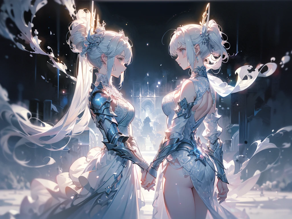 ((masterpiece, best quality)), Epic battlefield atmosphere,Delicate face,knight,Pure White Bride Armor,Halo,whole body,Standing picture,Perfect body proportions,Double ponytail hairstyle,Beautiful silver eyes,Fantasy style,White background,transparent,Lace