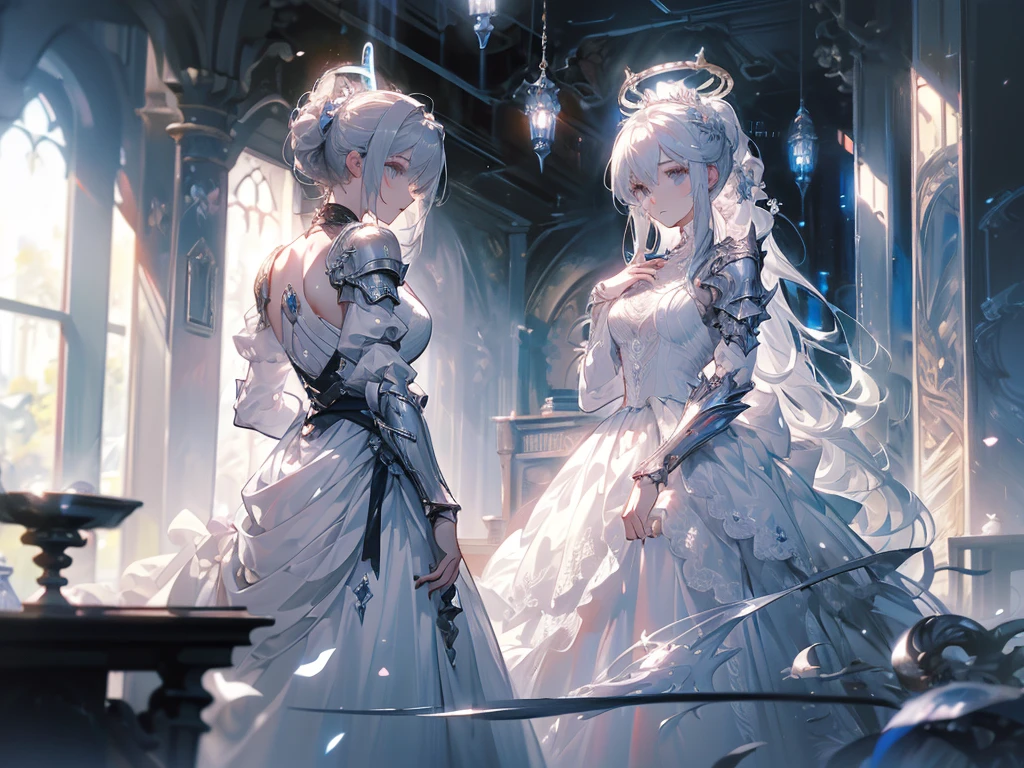 ((masterpiece, best quality)), Epic battlefield atmosphere,Delicate face,knight,Pure White Bride Armor,Halo,whole body,Standing picture,Perfect body proportions,Double ponytail hairstyle,Beautiful silver eyes,Fantasy style,White background,transparent,Lace
