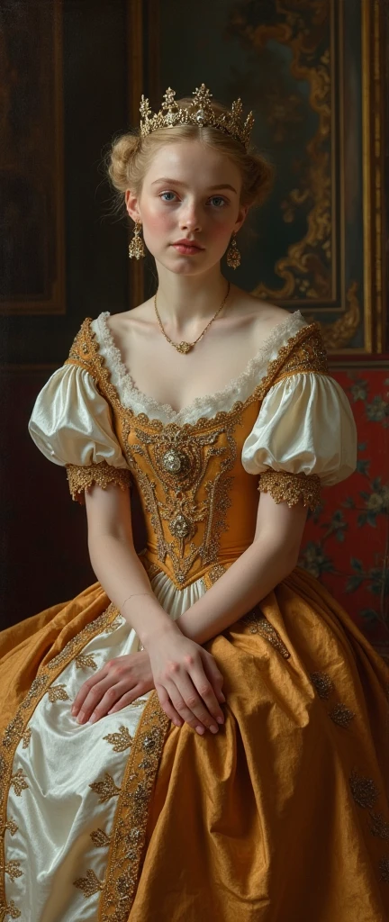 Front view, Full-body, on floor, England Palace, 12 century, looking at viewer, English White girl, England queen, 2-old, (blond hair, hair bun, little lip, little smile ), (tiara with jewel, earring), (middle breasts, slender whist, middle hip), slender body,(ancient old fashion, courtly romance),ancient shoes, night (masterpiece, Highest quality, masterpiece, God-like quality, Godly art, Very realistic),